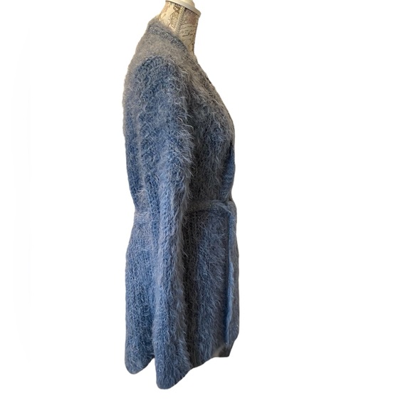 Authentic Anthropologie Belted Cardigan Furry Oversized Ice Blue Metallic - Picture 3 of 5
